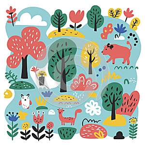 Whimsical illustration featuring stylized trees, plants, and animals against a light blue