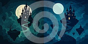 Fantasy Floating Castle in Night Sky with Moon and Clouds