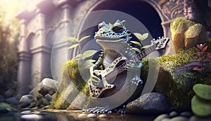 A whimsical illustration of a frog playing a guitar, on the rock in front of the Hanging Gardens of Babylon, generative ai