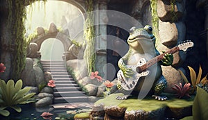 A whimsical illustration of a frog playing a guitar, on the rock in front of the Hanging Gardens of Babylon, generative ai