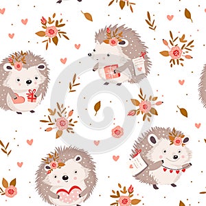 A whimsical illustration of a group of adorable cartoon hedgehogs, each holding a brightly wrapped gift