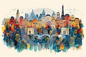 A whimsical illustration of iconic Parisian landmarks, Generative AI