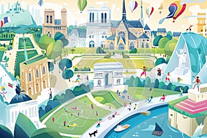 A whimsical illustration of iconic Parisian landmarks, Generative AI