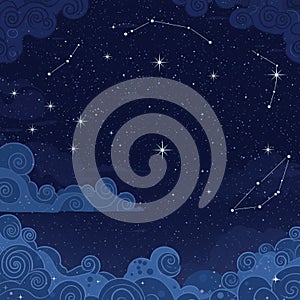 Whimsical illustration of a night sky featuring stylized, swirling clouds at the bottom and