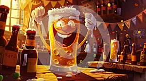 whimsical illustration Oktoberfest of a large animated beer glass with arms and a cheerful face, playfully behaving surrounded by