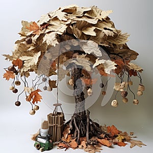 Children\'s Upcycled Fall Tree Craft With Paper And Leaves photo