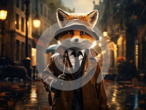 Whimsical illustration of a suave fox dressed in a detective's outfit, complete with a trench coat and fedora, holding a