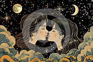 A whimsical illustration of two women sharing a kiss on a whimsical cloud, surrounded by stars and moons