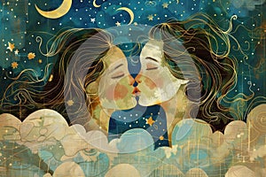 A whimsical illustration of two women sharing a kiss on a whimsical cloud, surrounded by stars and moons