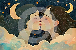 A whimsical illustration of two women sharing a kiss on a whimsical cloud, surrounded by stars and moons