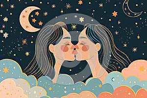 A whimsical illustration of two women sharing a kiss on a whimsical cloud, surrounded by stars and moons