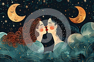 A whimsical illustration of two women sharing a kiss on a whimsical cloud, surrounded by stars and moons