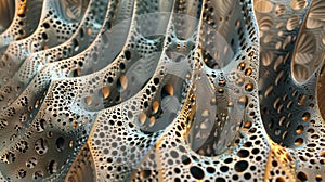 A whimsical image of a diatom shell forest with each bladelike structure uniquely patterned and aligned creating a