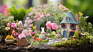 A whimsical image of a fairy garden, complete with miniature houses, flowers,