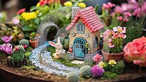 A whimsical image of a fairy garden, complete with miniature houses, flowers,