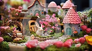 A whimsical image of a fairy garden, complete with miniature houses, flowers,