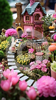 A whimsical image of a fairy garden, complete with miniature houses, flowers,