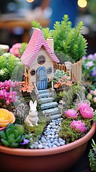 A whimsical image of a fairy garden, complete with miniature houses, flowers,