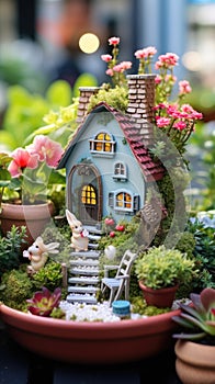 A whimsical image of a fairy garden, complete with miniature houses, flowers,