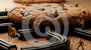 Miniature Construction Workers Building a Chocolate Chip Cookie
