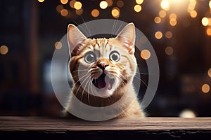 Whimsical and intelligent cat pleasantly surprised, with ample room for customized text or captions