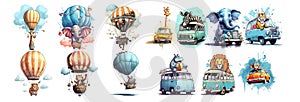 Whimsical Journey: A Collection of Animals in Vintage Vehicles and Hot Air Balloons Soaring