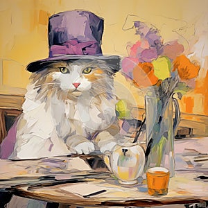 Whimsical And Joyous Post-impressionism Painting With A Cute Cat