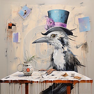 Whimsical And Joyous Surrealism Painting With Cute Bird And Top Hat