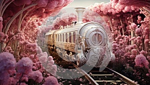 Whimsical Joyride: Hyper-Detailed Old Train Through Pink Blooming Forest. AI-generated