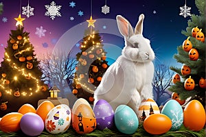 Whimsical Juxtaposition: Rabbit in Easter Attire Surrounded by Pastel Eggs in a Playful Composite Image