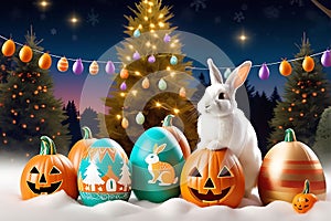 Whimsical Juxtaposition: Rabbit in Easter Attire Surrounded by Pastel Eggs in a Playful Composite Image photo