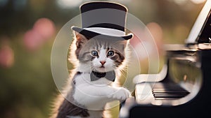 A whimsical kitten wearing a tiny bow tie and top hat, humorously playing the piano