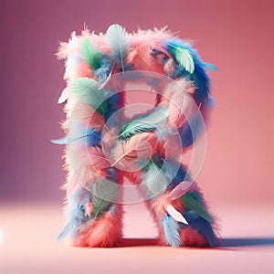 A whimsical letter R crafted from soft, colorful feathers in shades of pink photo