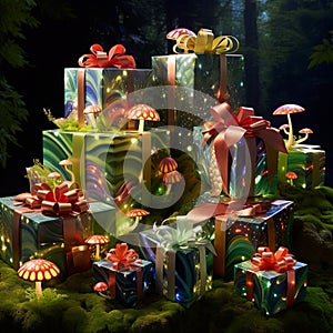 Whimsical and Magical Forest with Adorned Trees and Vibrant Gift Wraps