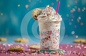 A whimsical milkshake adorned with cookies and colorful sprinkles, embodying dessert extravagance.