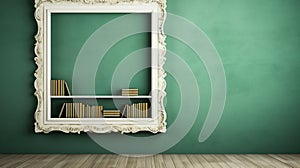 Whimsical Minimalism: Ornate Book Frame On Green Wall