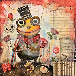 Whimsical mixed media doodle-art of a Cartoon Frog