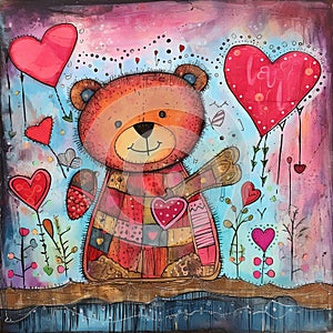 Whimsical Mixed-Media Doodle art illustration of a Valentine Bear
