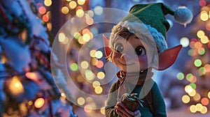 Enchanting Encounter, A Sprightly Christmas Elf Awakens the Magic of the Majestic Christmas Tree photo