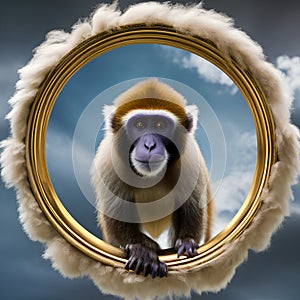 A whimsical monkey with angelic wings, swinging through a celestial sky surrounded by fluffy clouds2, Generative AI