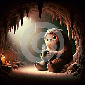 Whimsical Monster Enjoying Coffee in Cave