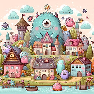 The whimsical monster village in cartoon art, cute elements arounds, adorable, fantasy art, dreamy, wonderland, printable