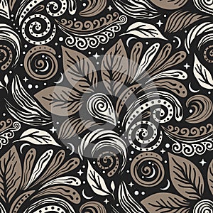 A whimsical motif fusion of nature and design, as a doodle swirls seamless pattern.