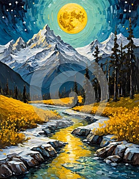 A whimsical mountain landscape with melted snow river, with sparkling stars, yellow moon, trees, wildplants, painting art photo