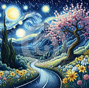 A whimsical mountain road, with beautiful flowers blossoms by the roadside, starry night, moon, rainy day, Van Gogh, painting art