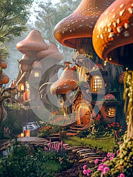 Whimsical Mushroom Houses in Enchanted Fairytale Forest Village