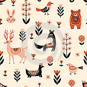 Whimsical Nordic Wildlife Seamless Pattern