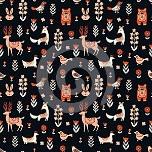 Whimsical Nordic Wildlife Seamless Pattern