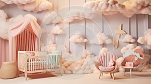 A whimsical nursery with a 3D cloud pattern wall in soft pastels,