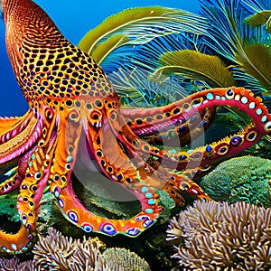 A whimsical octopus with peacock-like patterns, gracefully swimming through a vibrant underwater wonderland1, Generative AI